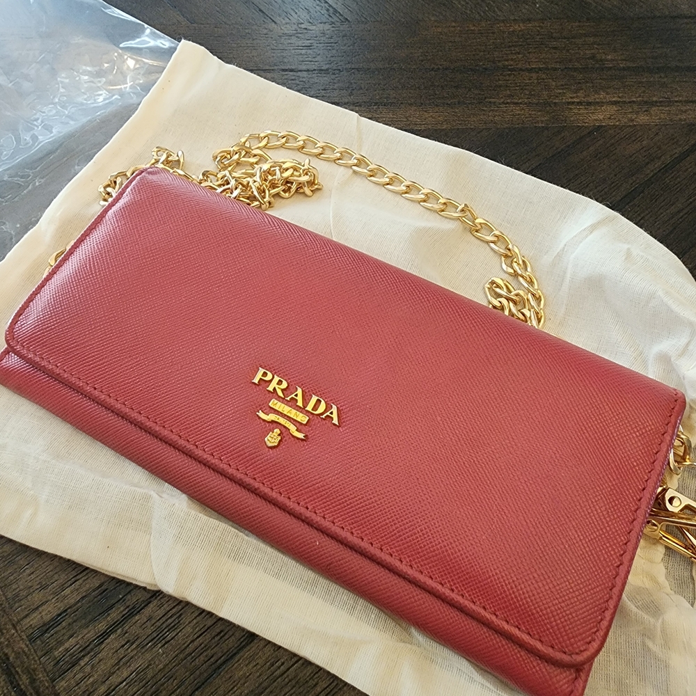 Prada Coral Leather Clutch with Gold Chain